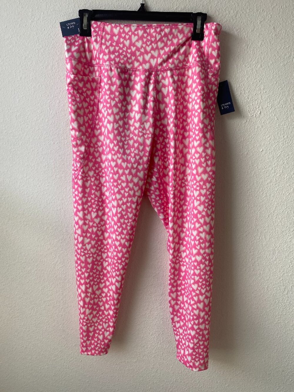 Crown & Ivy Women's Pink White Heart Ankle Leggings Stretch Pockets size L